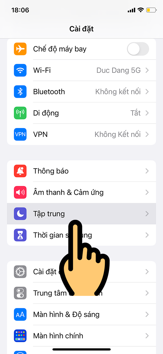 Bạn vào Cài đặt và chọn Tập trung Bạn vào Cài đặt và chọn Tập trung