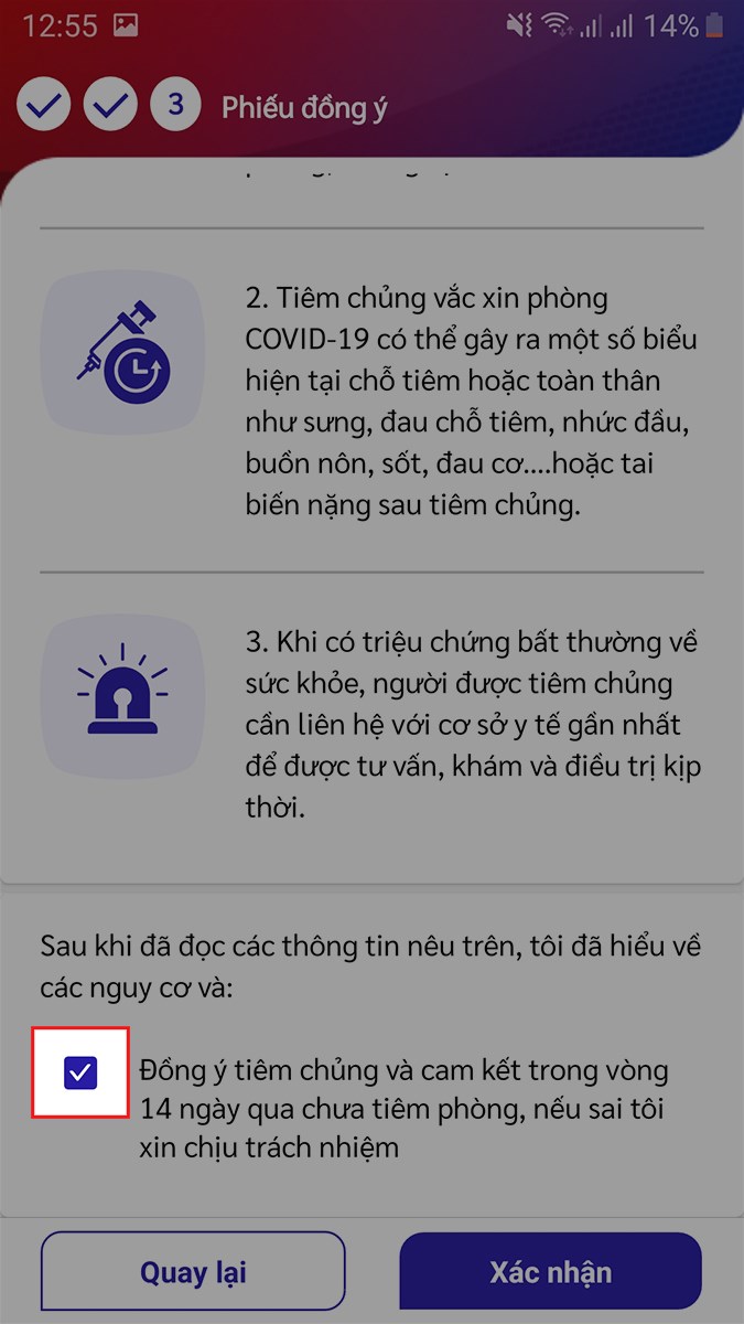 Sau khi đã đọc xong các thông tin trên, nhấn dấu tích vào ô Đồng ý tiêm chủng Sau khi đã đọc xong các thông tin trên, nhấn dấu tích vào ô Đồng ý tiêm chủng