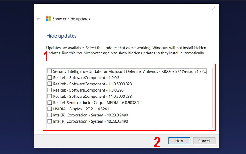 Chọn bản cập nhật muốn chặn > Bấm Next