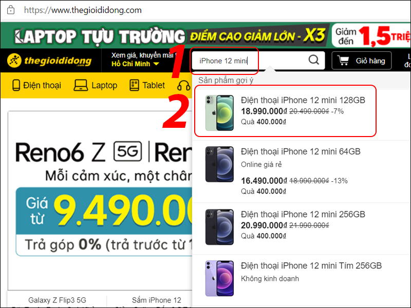 Chọn sản phẩm điện thoại tại website