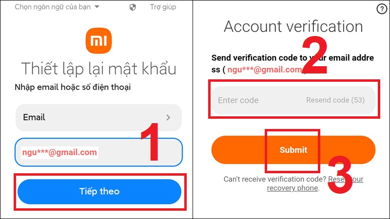 Nhập và gửi mã xác minh