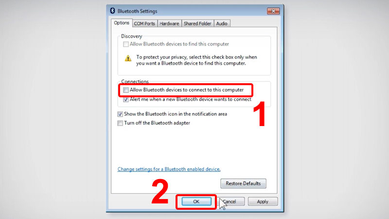 Bỏ tick "Allow Bluetooth devices to connect to this computer" để tắt Bluetooth Win 7