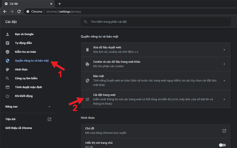 Chọn Quyền riêng tư và bảo mật (Privacy and security) > Chọn Cài đặt trang web (Site Settings)
