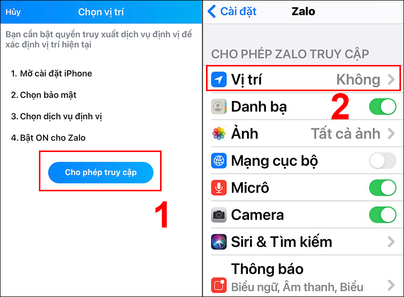 Cho phép Zalo truy cập vị trí