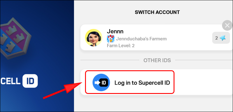 Chọn Log in to Supercell ID để đăng nhập tài khoản khác