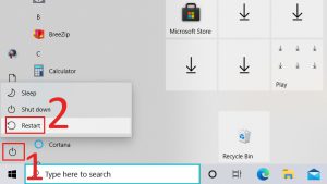 Tại mục Start, nhấn vào biểu tượng nút nguồn, chọn Restart
