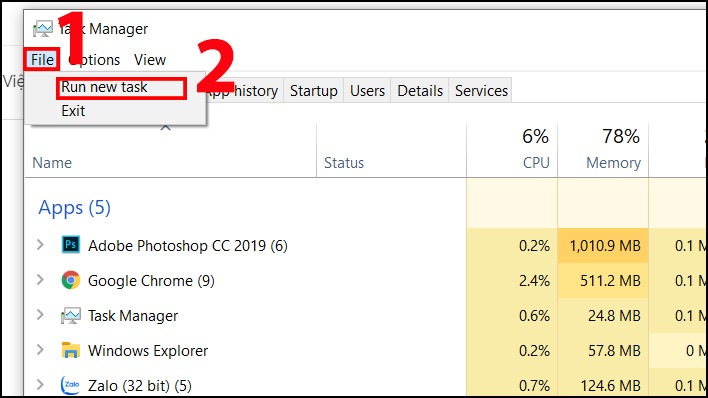 Cửa sổ “Task Manager” hiện ra, bạn hãy nhấn vào “File” > chọn “Run new task” để chạy hộp thoại Run.