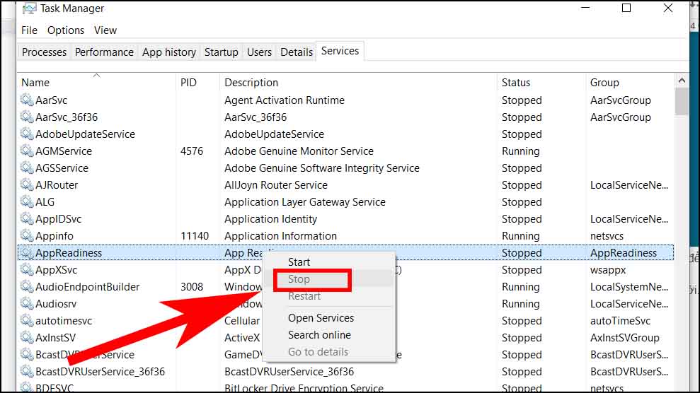Tại đây bạn hãy nhấn chuột phải vào “AppReadiness” > và chọn “Stop” như hình bên dưới.