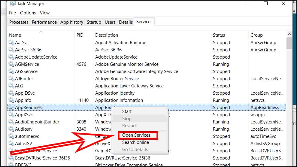 Tại đây bạn hãy nhấn chuột phải vào “AppReadiness” > và chọn “Stop” như hình bên dưới.