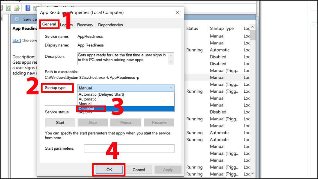 Chọn tab General > chọn giá trị Disabled ở mục Startup type => và nhấn OK để xác nhận.