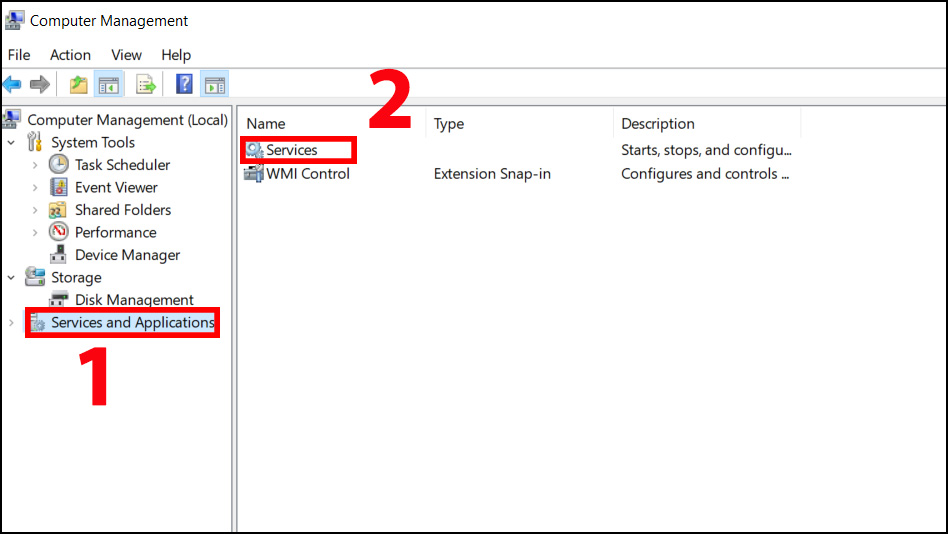 Chọn “Services and Applications” > chọn “Services”.