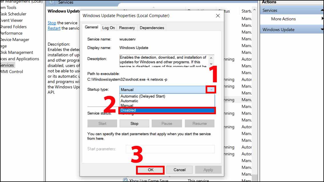 Vào mục “Startup type” > Chọn “Disabled” > Nhấn “OK” để kết thúc cài đặt.