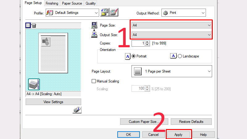 Tích vào Page size sang khổ giấy A4 và Output Size sang khổ giấy A4