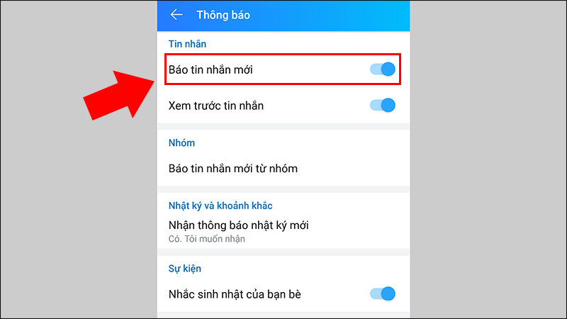 Bật tính năng Báo tin nhắn mới