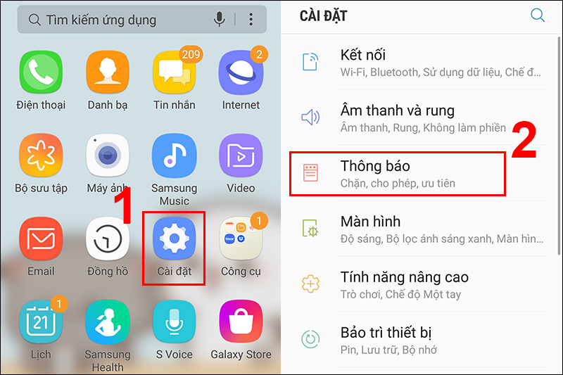 Chọn Thông báo trong phần Cài đặt