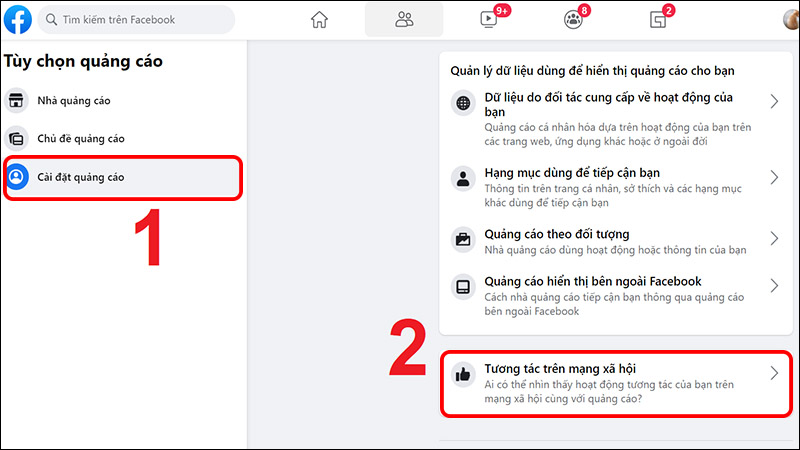 Chọn Cài đặt quảng cáo và chọn Tương tác trên mạng xã hội