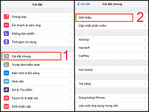 Trong Cài đặt kéo xuống chọn Cài đặt chung, chọn tiếp Giới thiệu