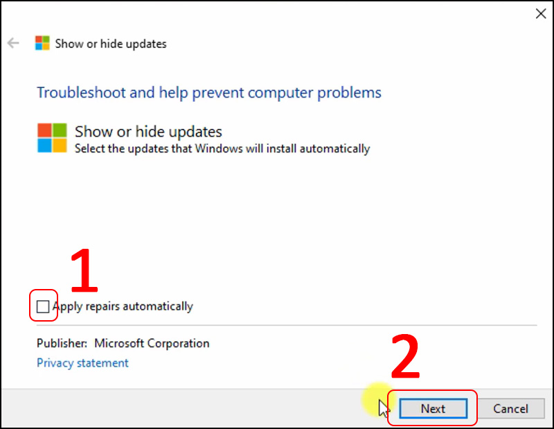 Tick bỏ chọn mục Apply repairs automatically