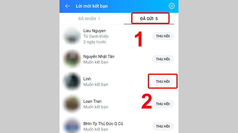 Để xem những lời mời kết bạn đã gửi, bạn chọn mục Đã gửi