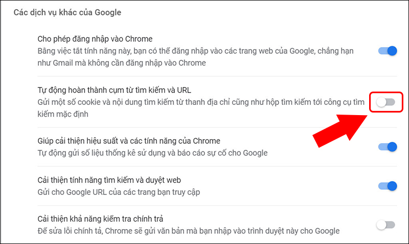 Tắt mục Tự động hoàn thành cụm từ tìm kiếm và URL