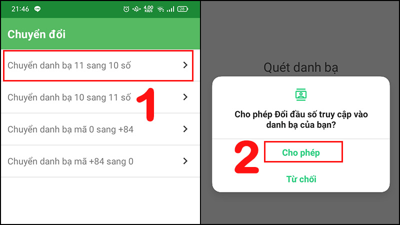 Chọn Chuyển đổi danh bạ 11 số về 10 số