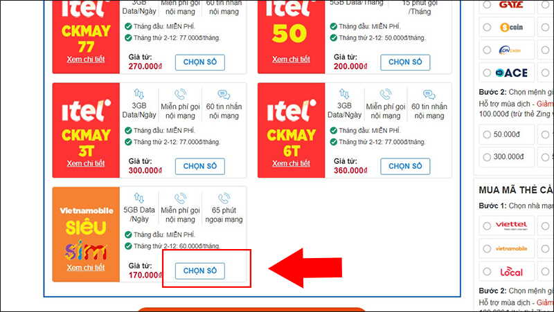Nhấn Chọn số tại Vietnamobile