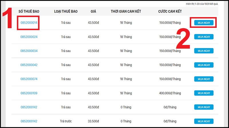 Chọn thuê bao bạn muốn mua