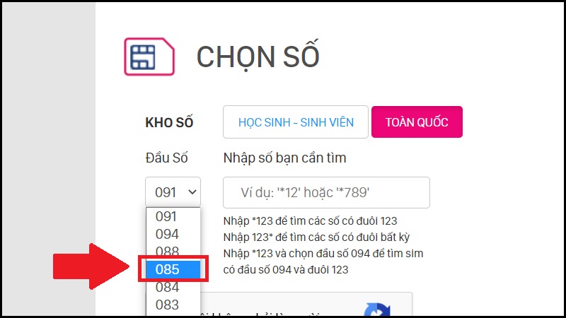 Chọn đầu số 085