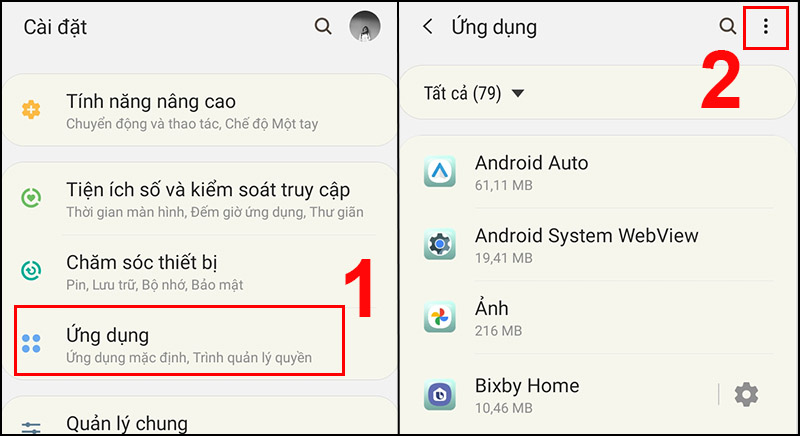 Chọn ứng dụng trong Cài đặt