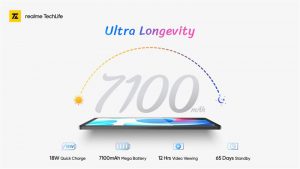 Realme Pad sẽ có pin 7.100 mAh, sạc 18W, thời gian chờ lên đến 65 ngày