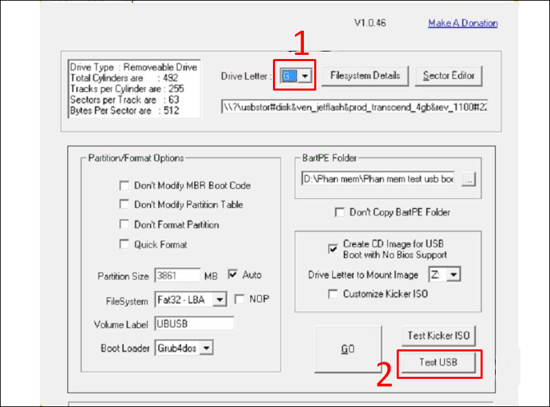 Chọn ổ đĩa chạy và bấm Test USB