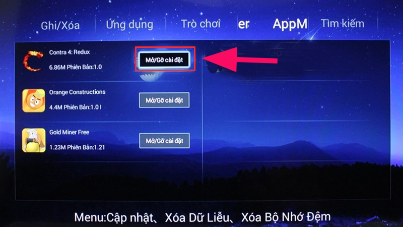 Bạn nhấn chọn xuống ô Mở/Gỡ cài đặt ngay phía sau tên ứng dụng mà bạn muốn xóa