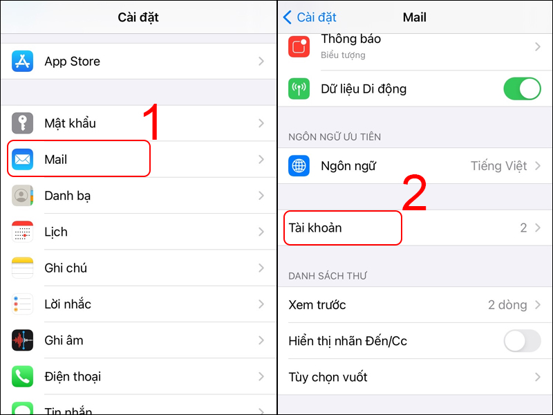 Vào Mail và chọn Tài khoản
