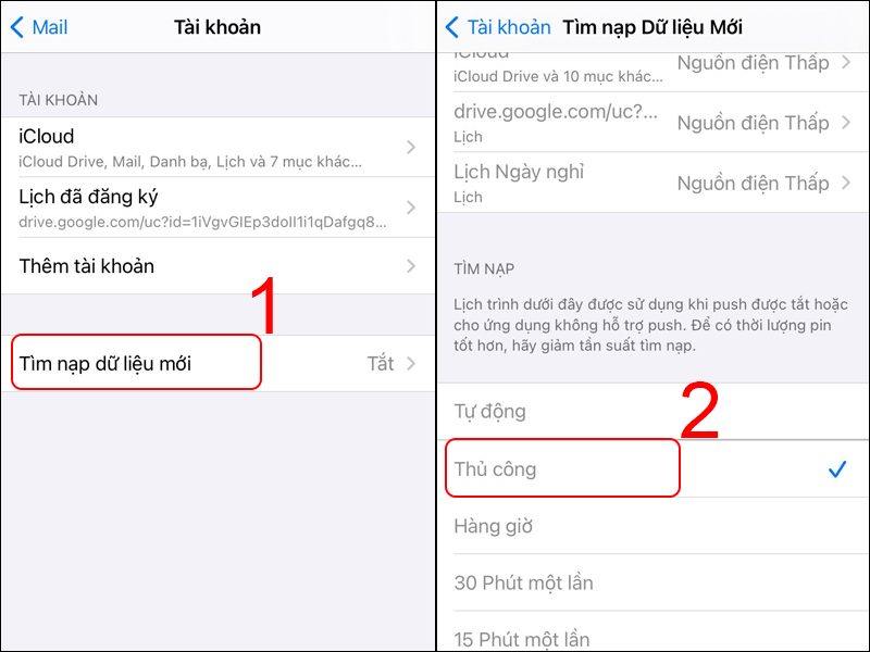 Nhấn vào mục Tìm nạp dữ liệu mới và chọn Thủ công