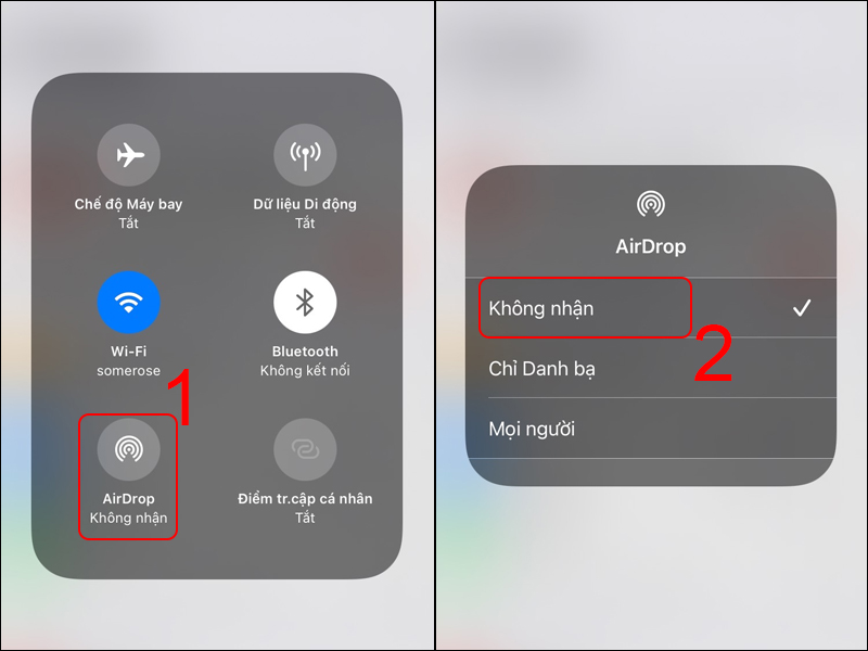 Chọn AirDrop và nhấn vào Không nhận để tắt AirDrop