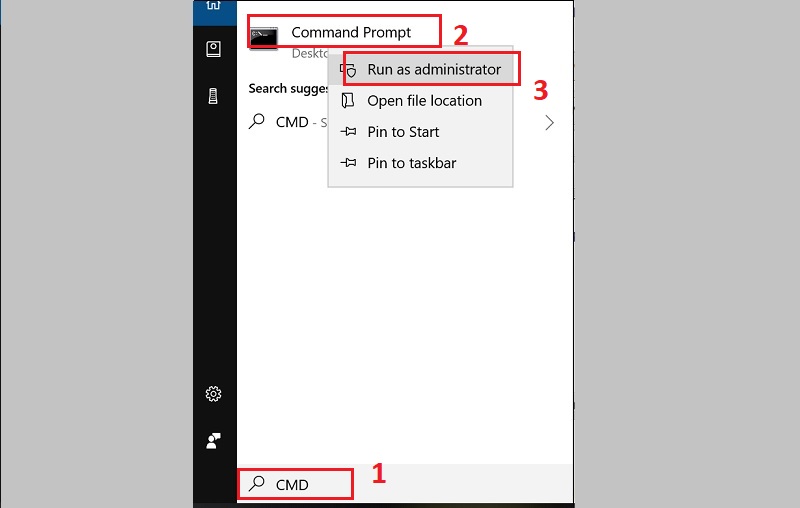 Windows + S > Bấm CMD > Chuột phải vào ứng dụng chọn Run as admin