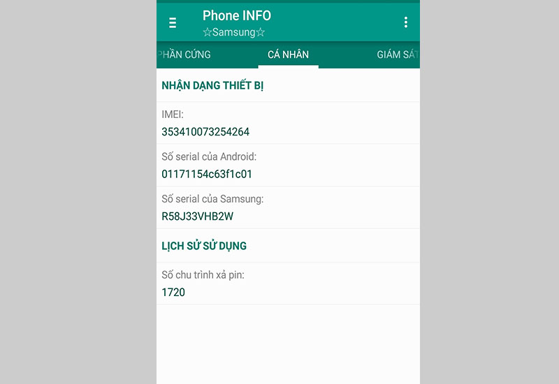Tab Cá nhân để kiểm tra số chu trình xả pin, IMEI của thiết bị và số serial.