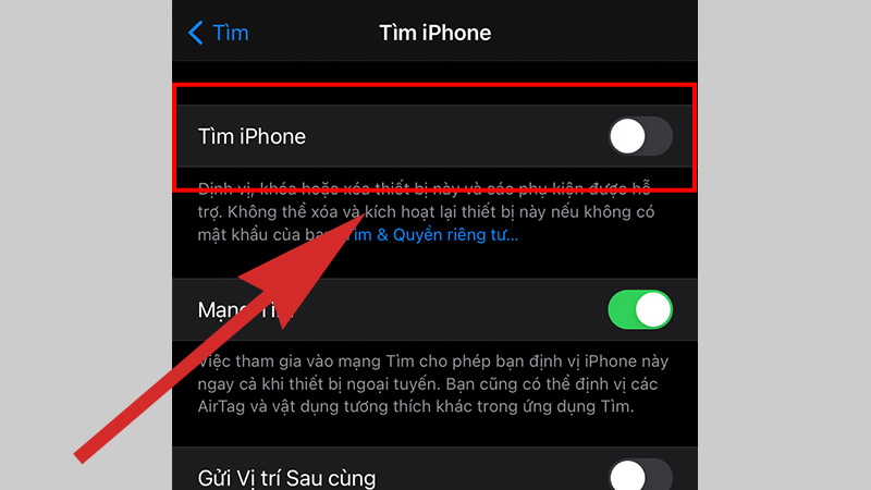 Gạt xanh lá là bật, gạt xám là tắt