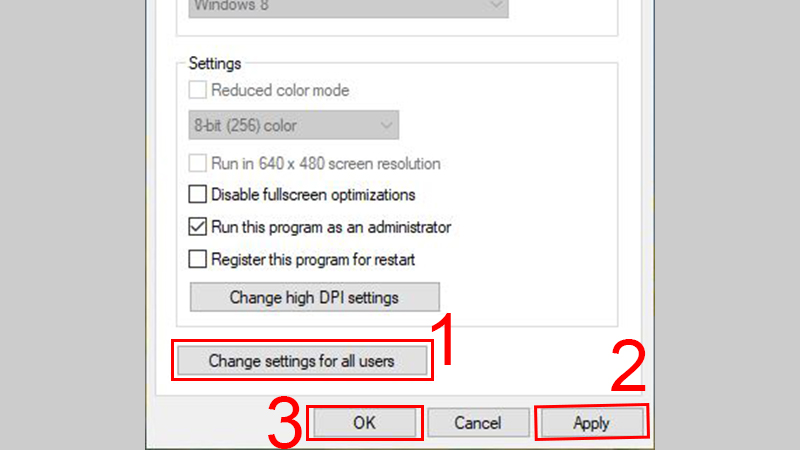 Chọn Change settings for all user để thay đổi thiết lập cho toàn bộ tài khoản trên máy