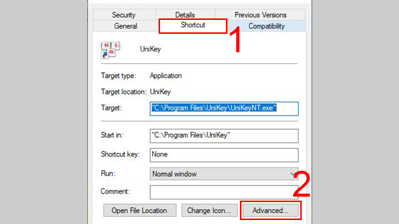 Ở tab Shortcut, chọn Advanced… để mở tùy chọn