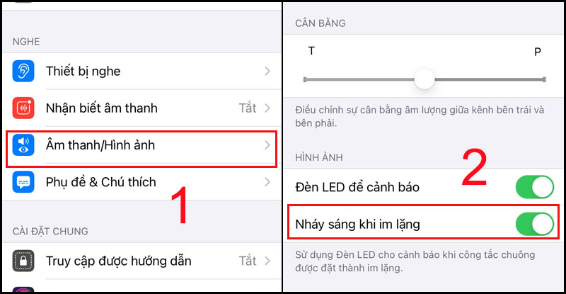 Chọn Âm thanh/Hình ảnh sau đó chọn Nháy sáng khi im lặng