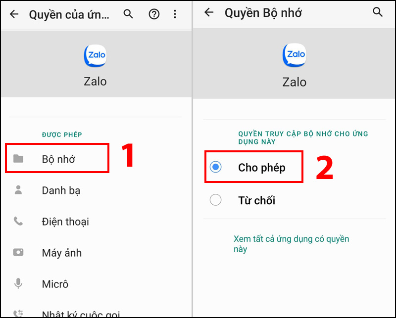 Nhấn Bộ nhớ > Cho phép