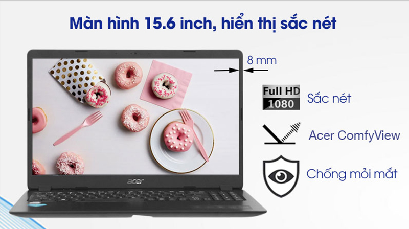 Màn hình 15.6 inch giúp Laptop Acer Aspire A315 56 308N i3 hiển thị hình ảnh sắc nét