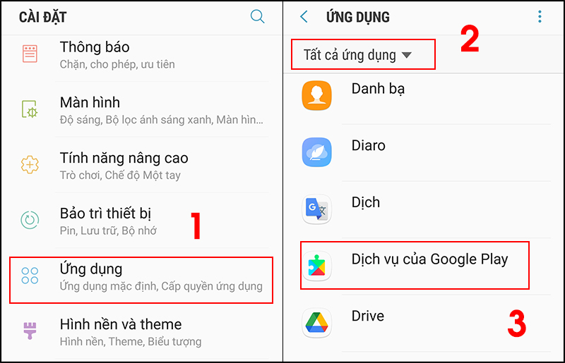 Chọn vào dịch vụ của Google Play