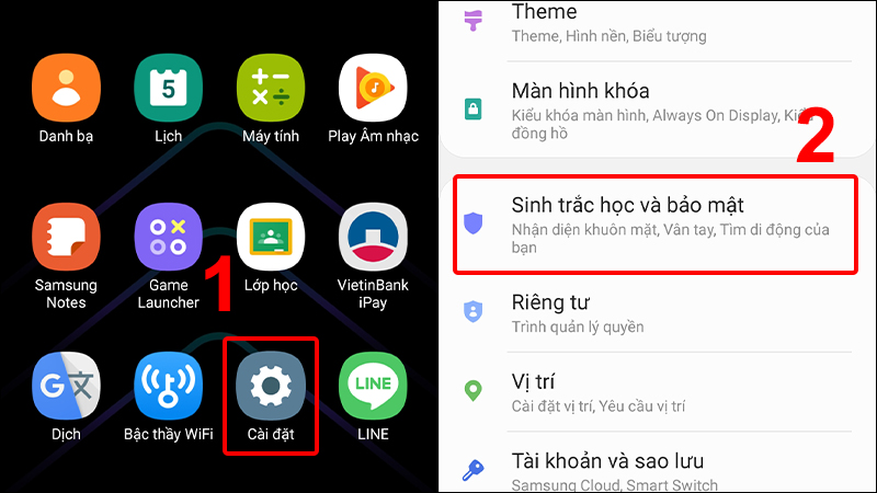 Chọn Sinh trắc học và bảo mật trong cài đặt