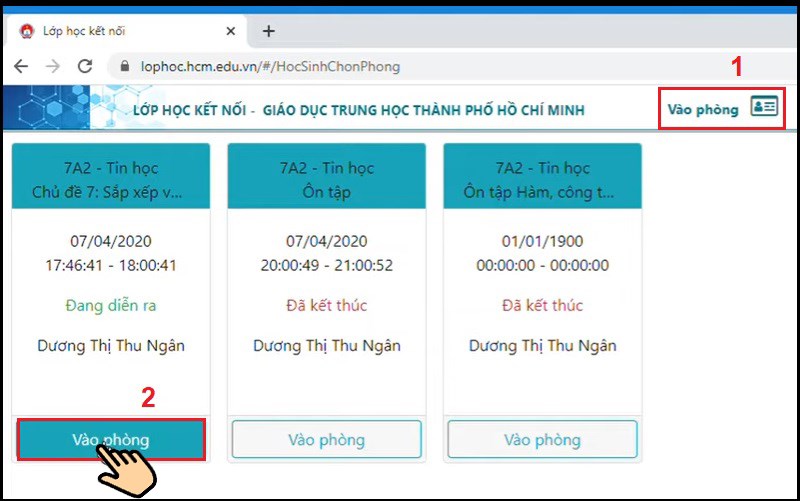 Bấm Vào phòng, tìm phòng học đang diễn ra chọn Vào phòng Bấm Vào phòng, tìm phòng học đang diễn ra chọn Vào phòng