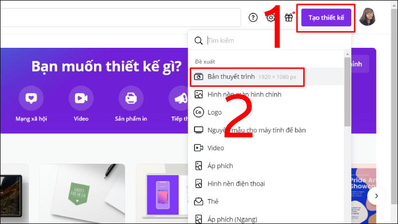 Vào mục tạo thiết kế mới để chọn bản thuyết trình