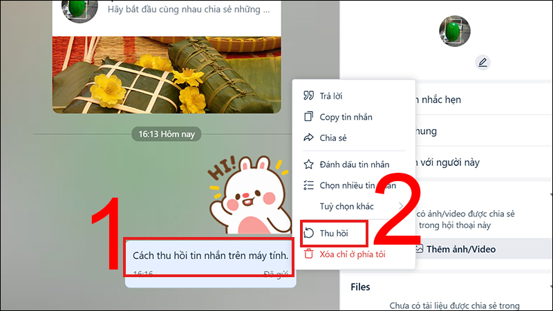 Click chuột phải vào tin nhắn để thu hồi