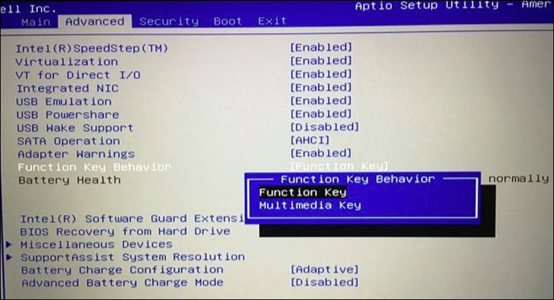 Bật phím Fn bằng cách chọn Function Key trong BIOS