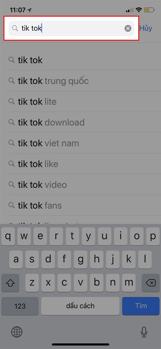 Nhấn vào khung tìm kiếm > Nhập TikTok Nhấn vào khung tìm kiếm > Nhập TikTok